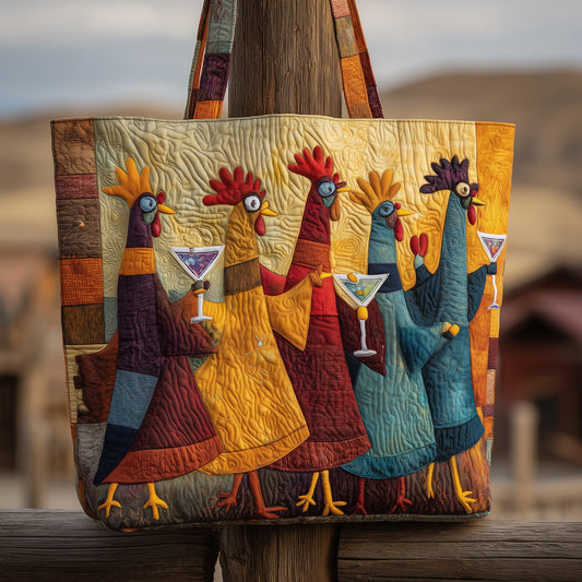 Colorful Chickens Holding Drinks Quilted Tote