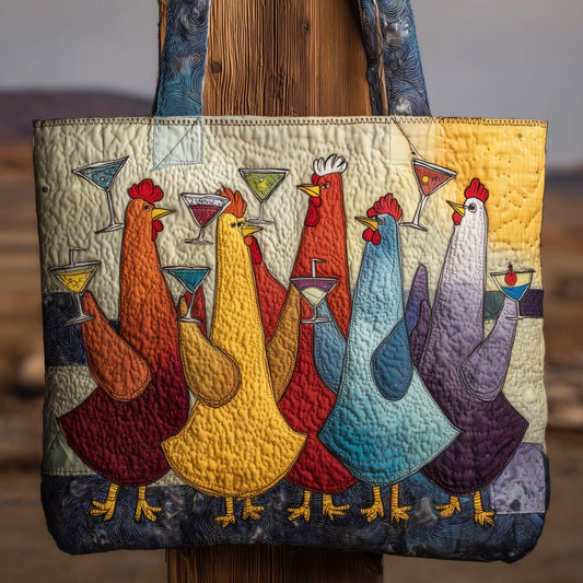 Colorful Chickens Cocktails Quilted Tote