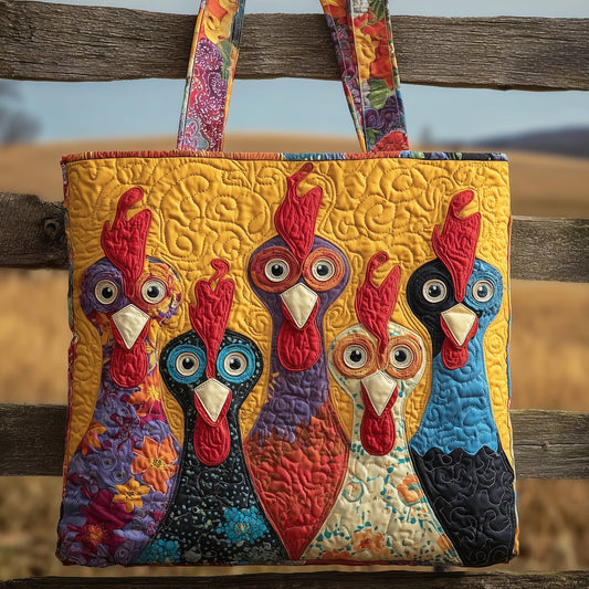 Colorful Rooster Trio Quilted Tote