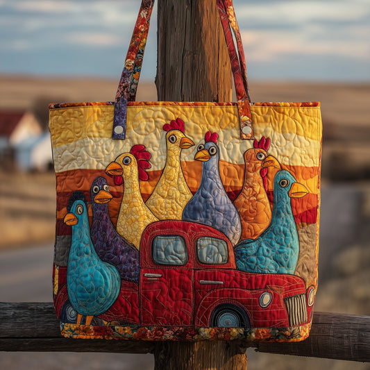 Colorful Chickens Red Truck Quilted Tote