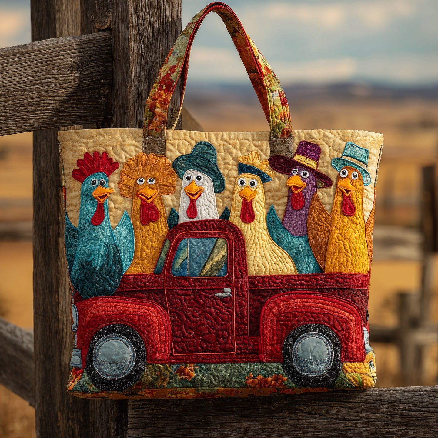 Colorful Chickens In Truck Quilted Tote