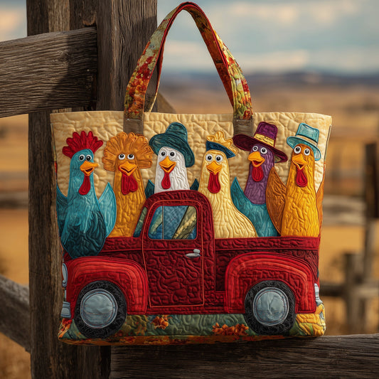 Colorful Chickens In Truck Quilted Tote