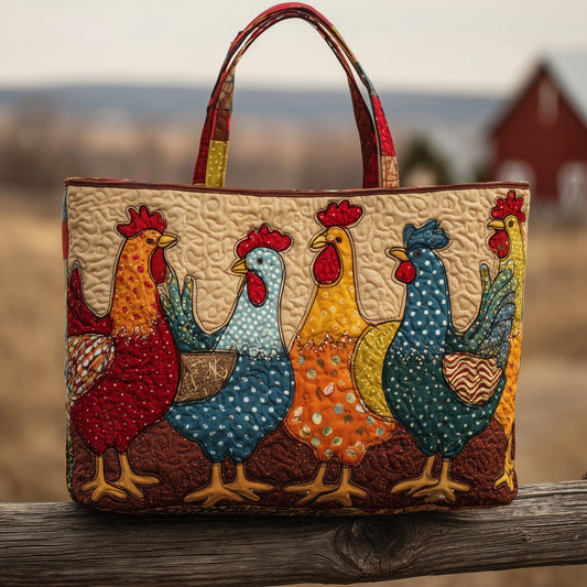 Colorful Farmyard Chickens Quilted Tote