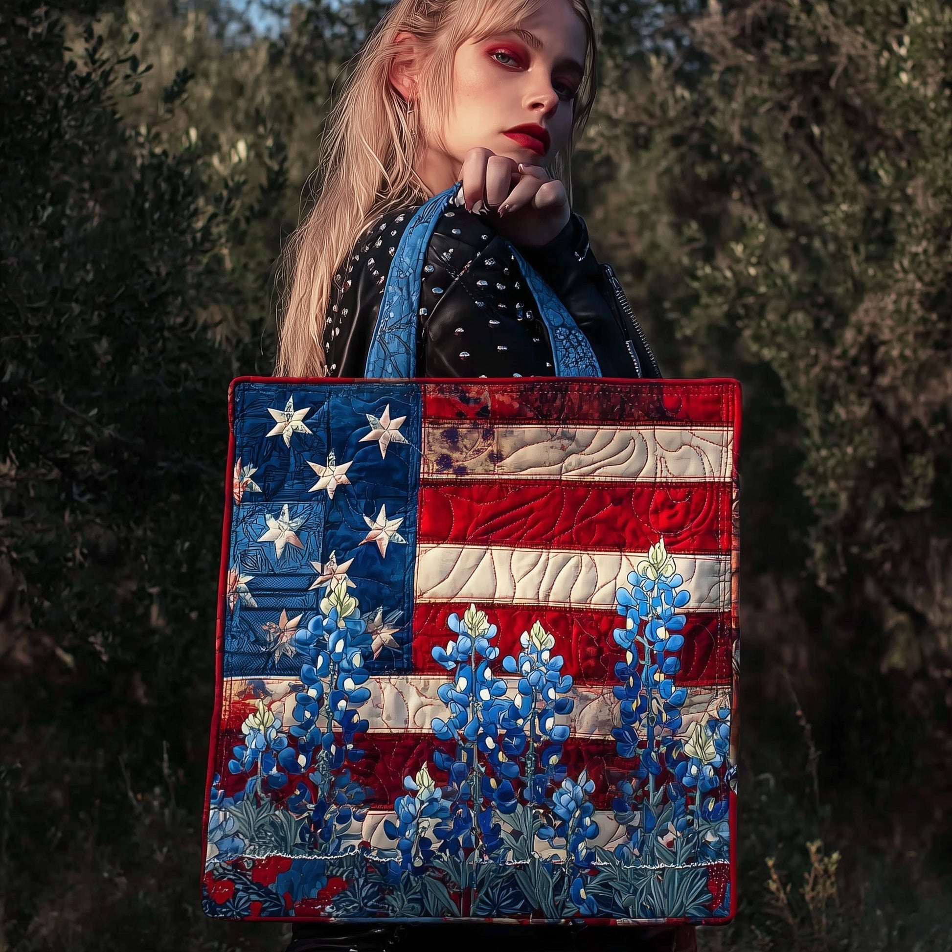 Bluebonnet Flowers Flag Quilted Tote