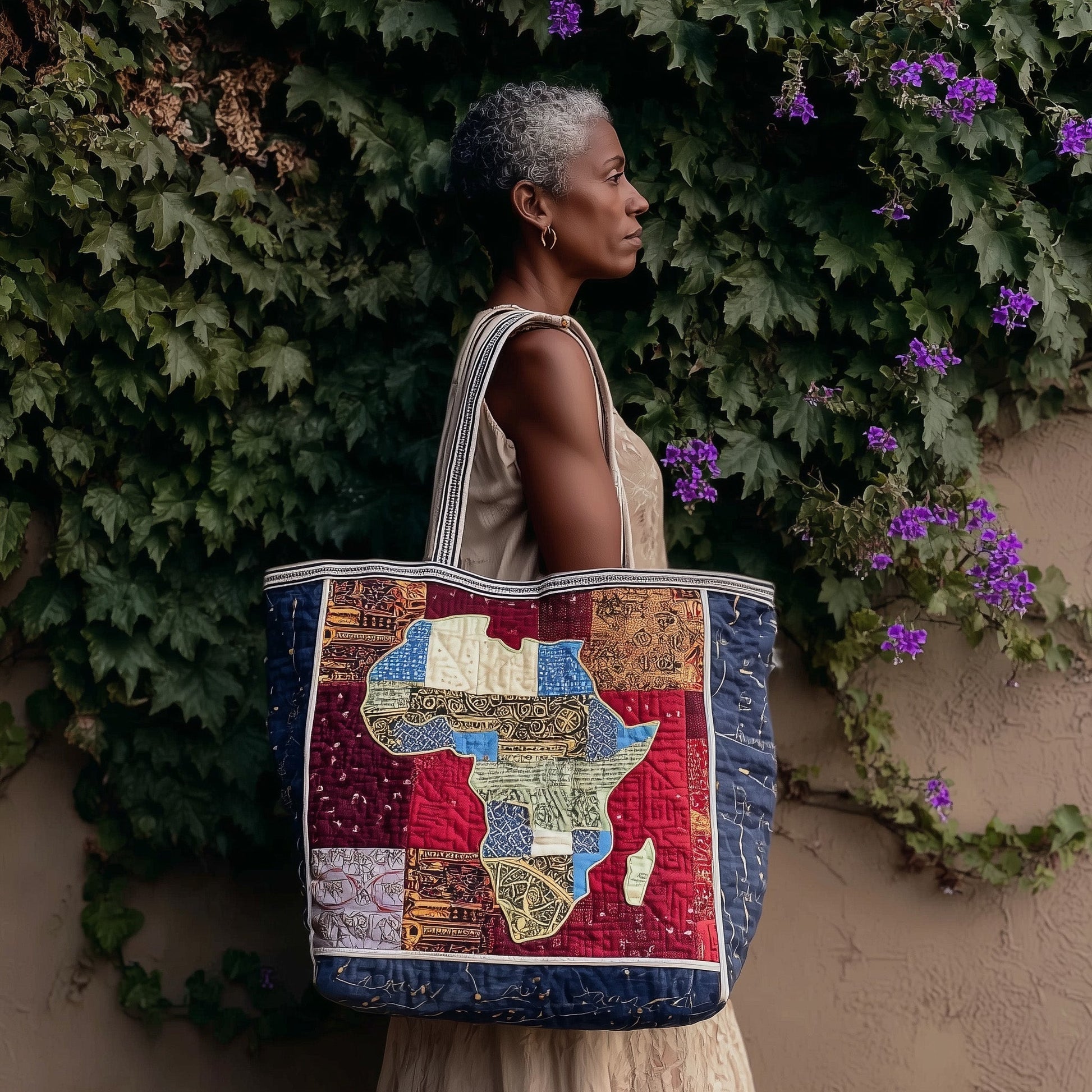 Africa Map Patchwork Quilted Tote