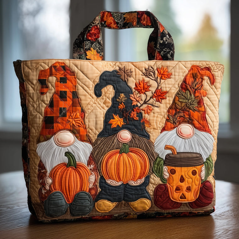 Fall Gnomes Pumpkins Quilted Tote