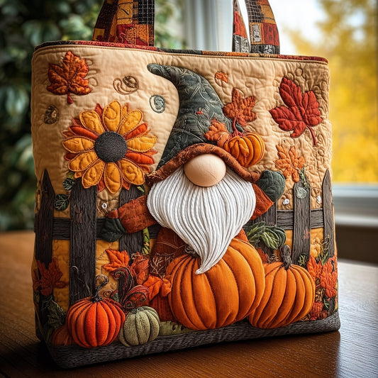 Autumn Gnome Pumpkins Quilted Tote