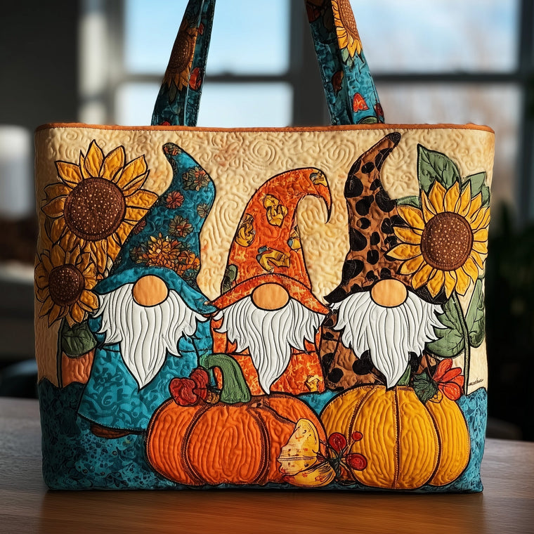 Fall Gnomes Sunflowers Pumpkins Quilted Tote