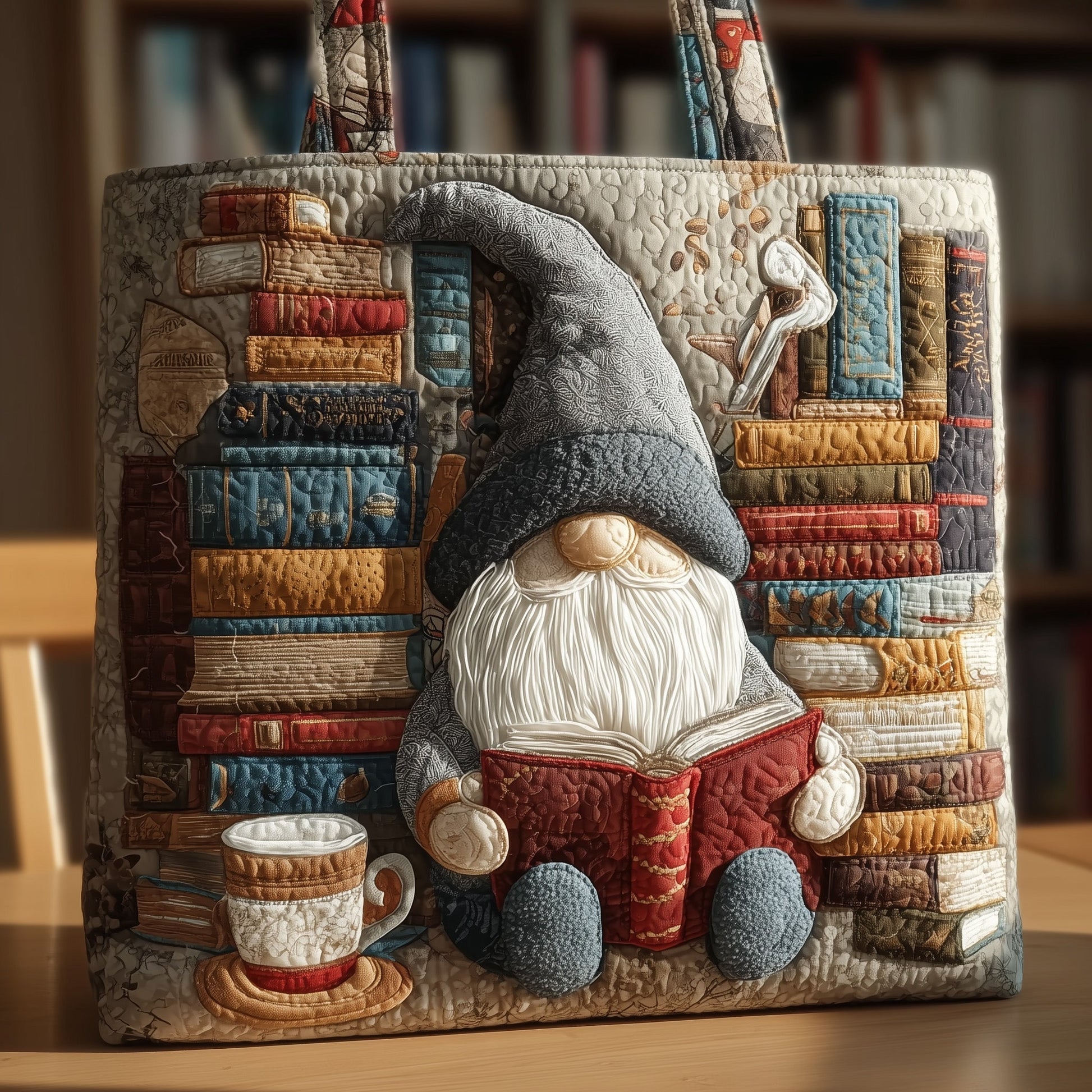 Gnome Reading Books Quilted Tote