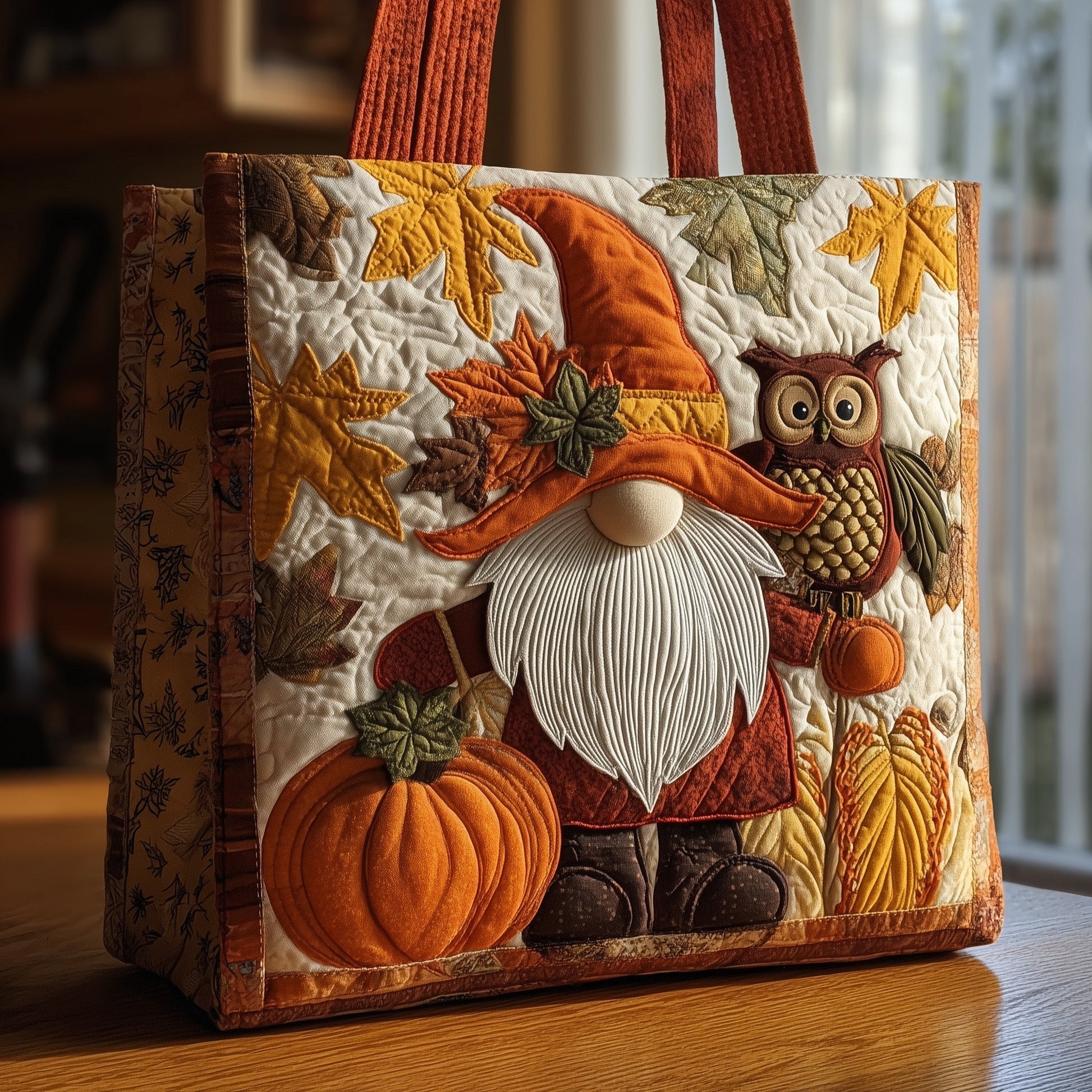 Gnome Owl Fall Leaves Quilted Tote