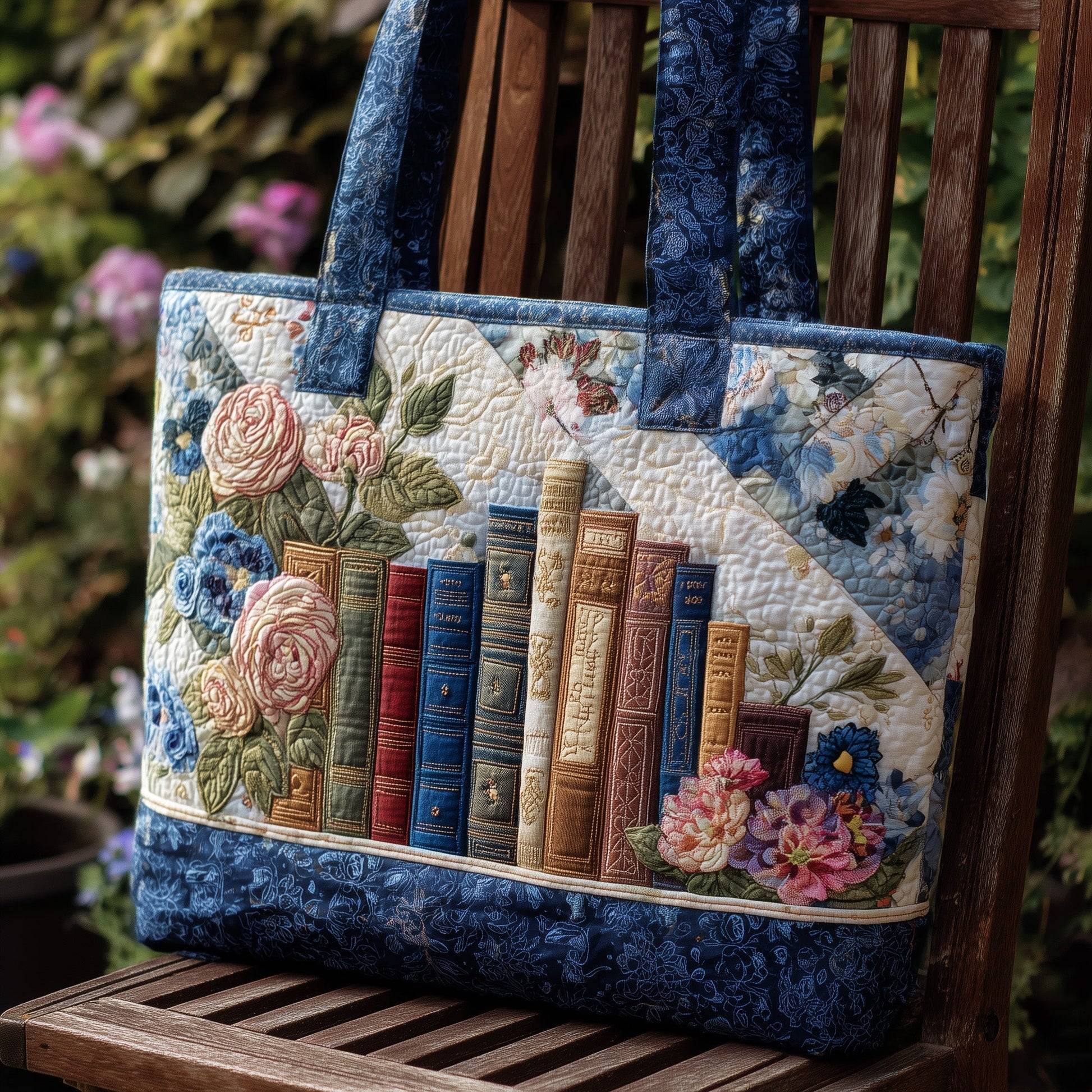 Stack Of Books Flowers Quilted Tote