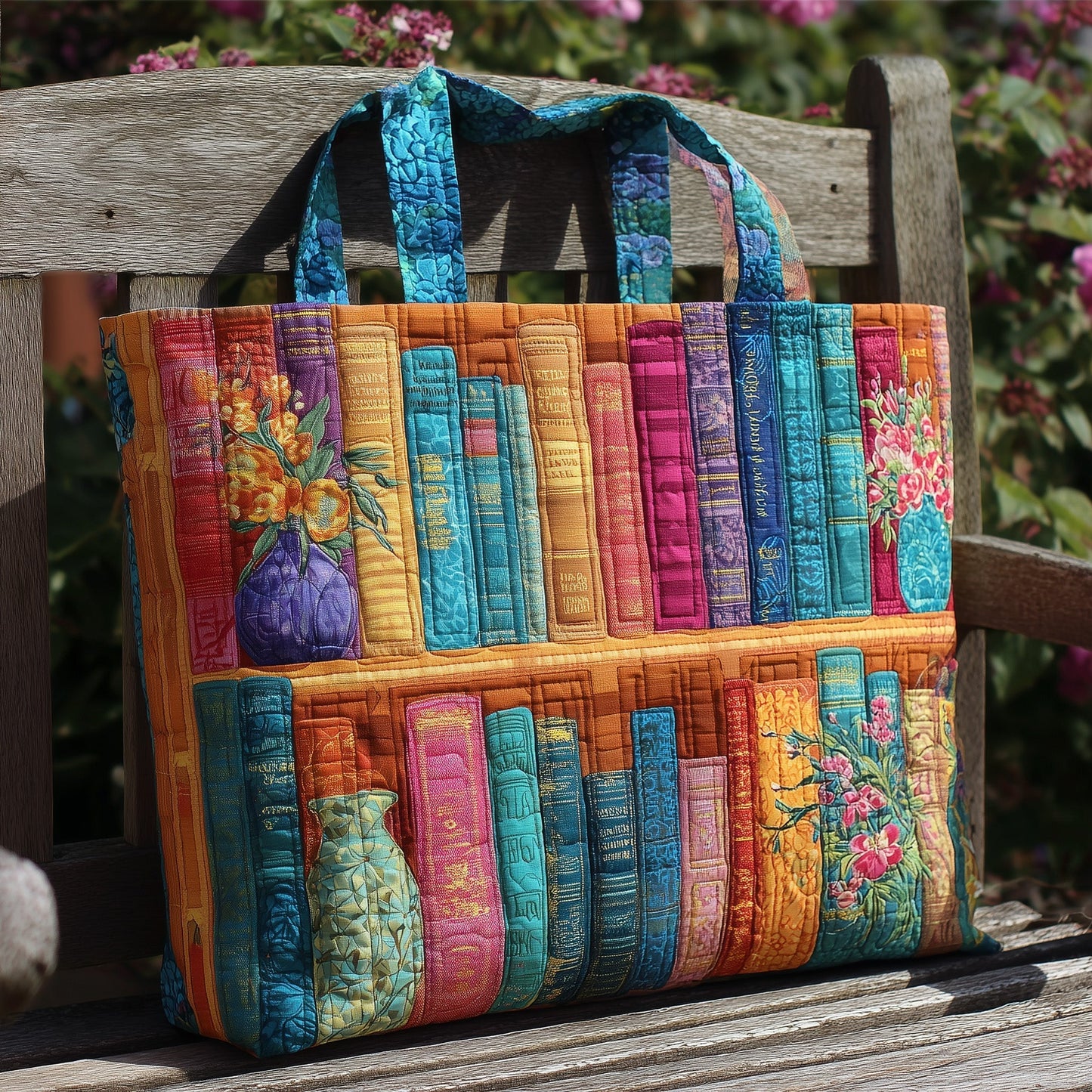 Colorful Books Bookshelf Quilted Tote