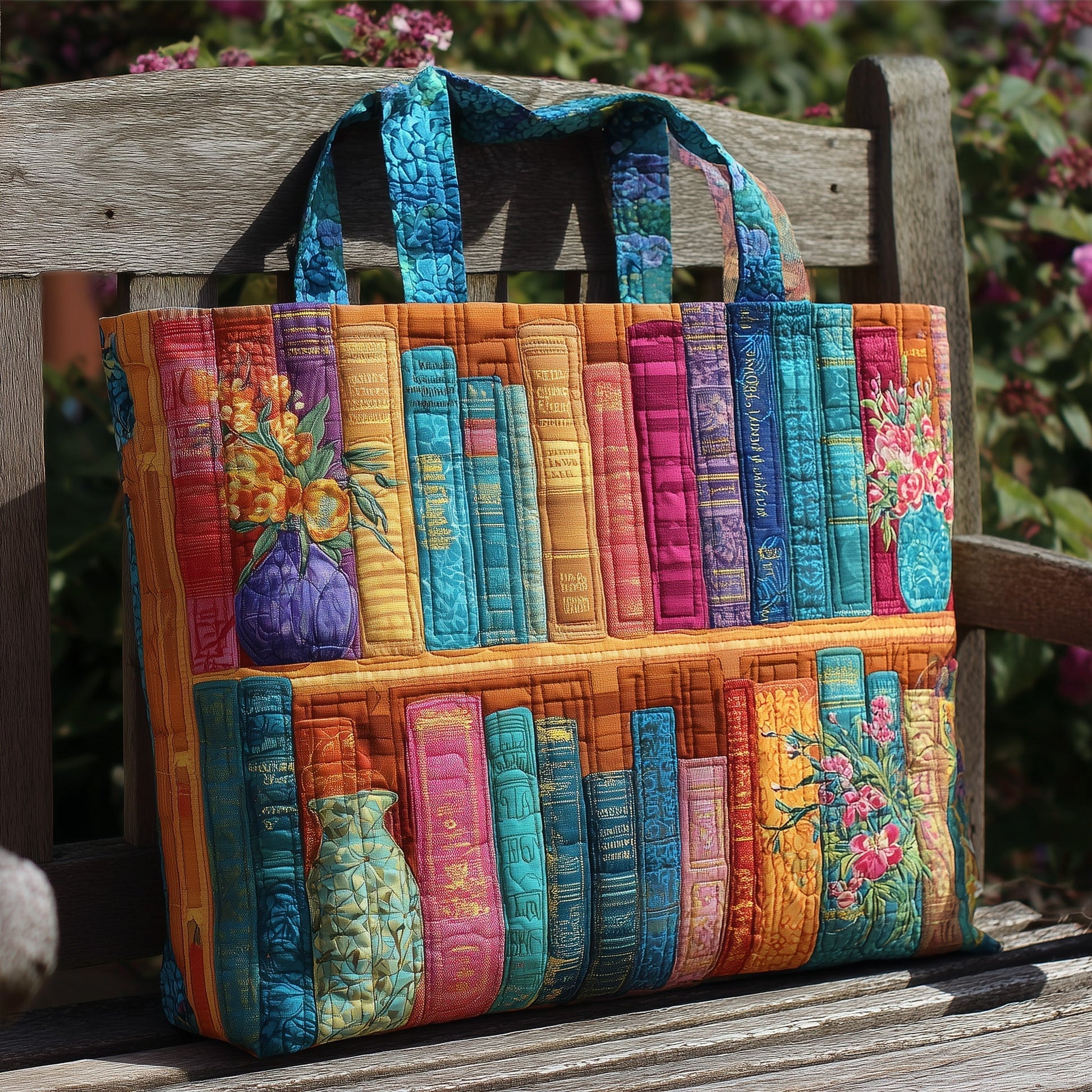 Colorful Books Bookshelf Quilted Tote