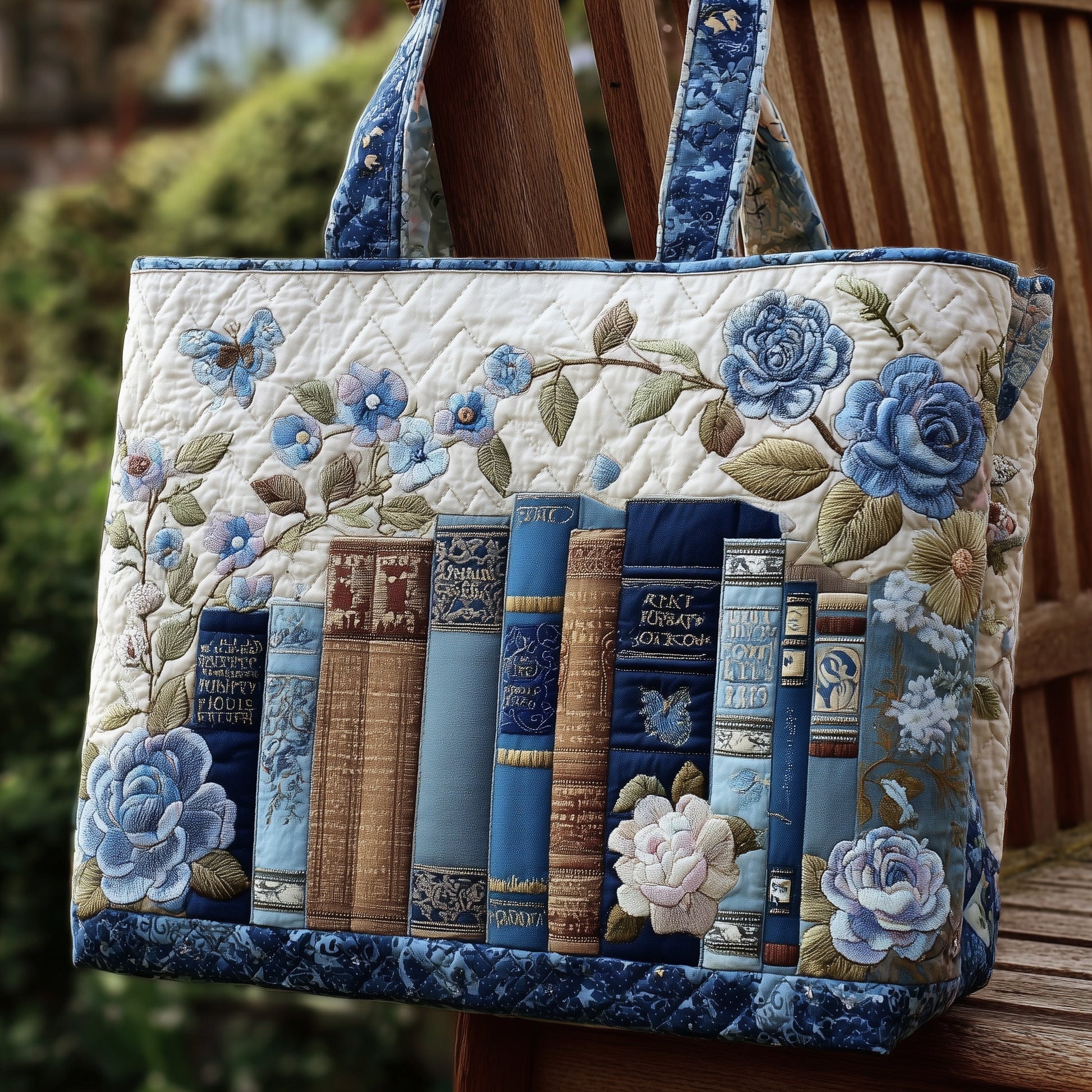 Books Floral Embroidery Quilted Tote