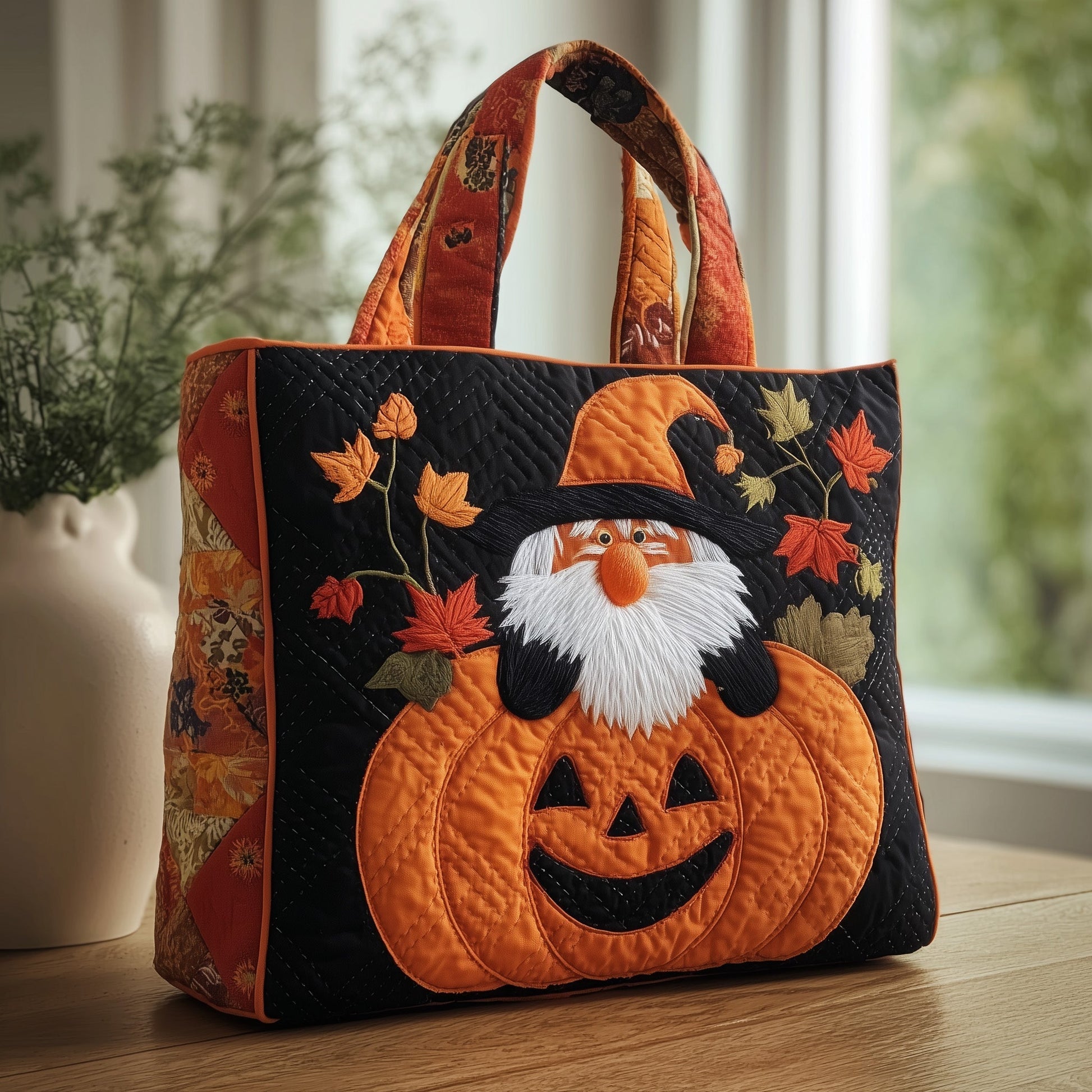 Pumpkin Gnome Autumn Leaves Quilted Tote