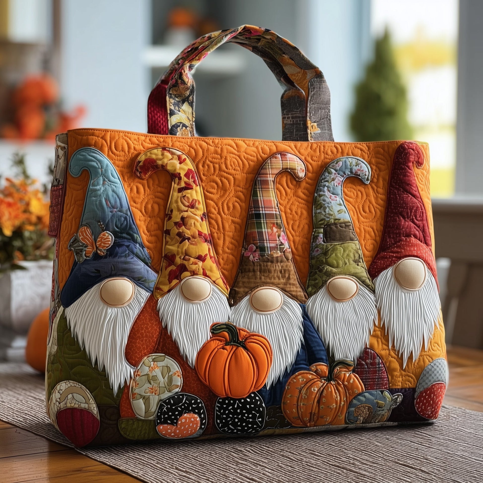 Colorful Gnome Figures Quilted Tote