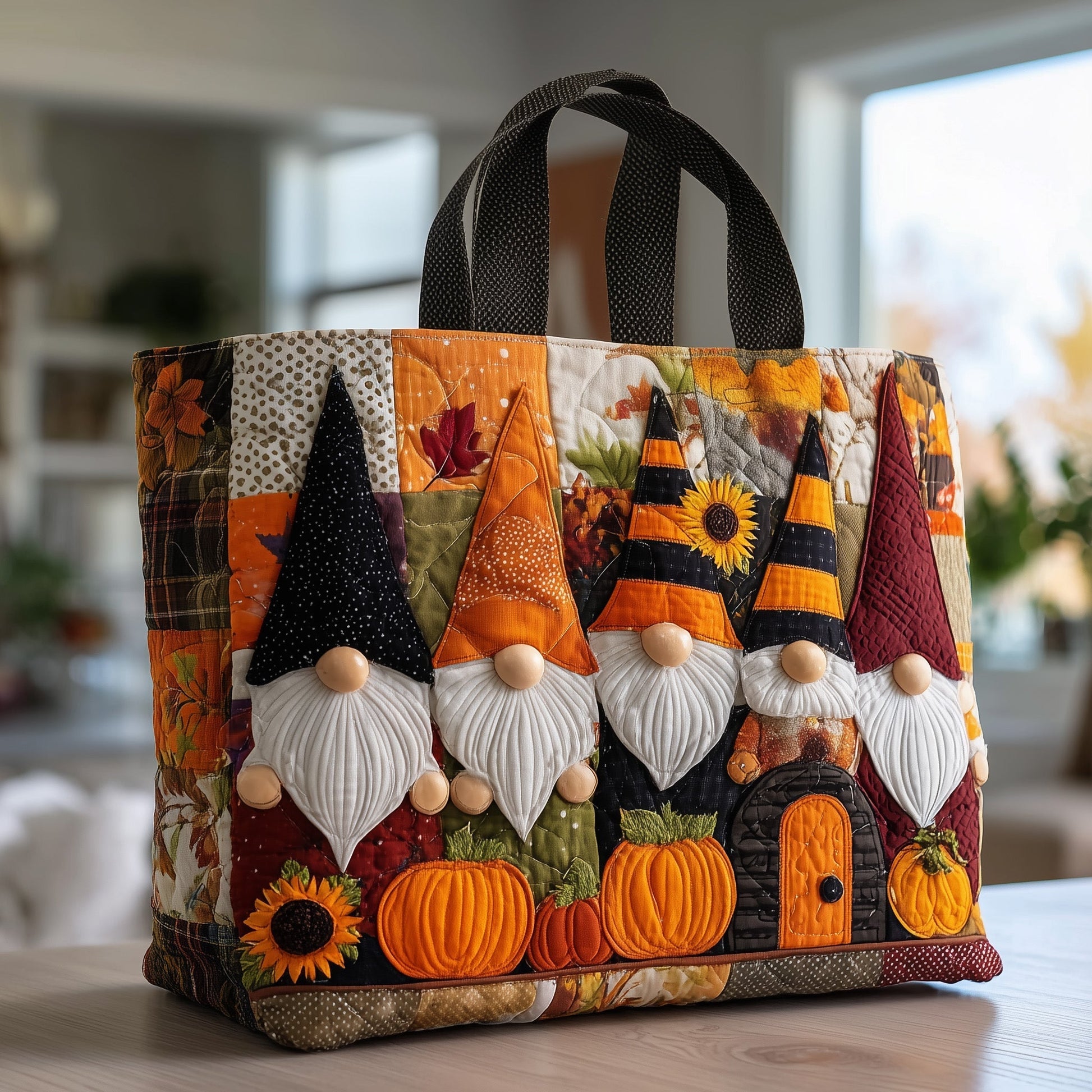 Gathered Gnomes Pumpkins Quilted Tote