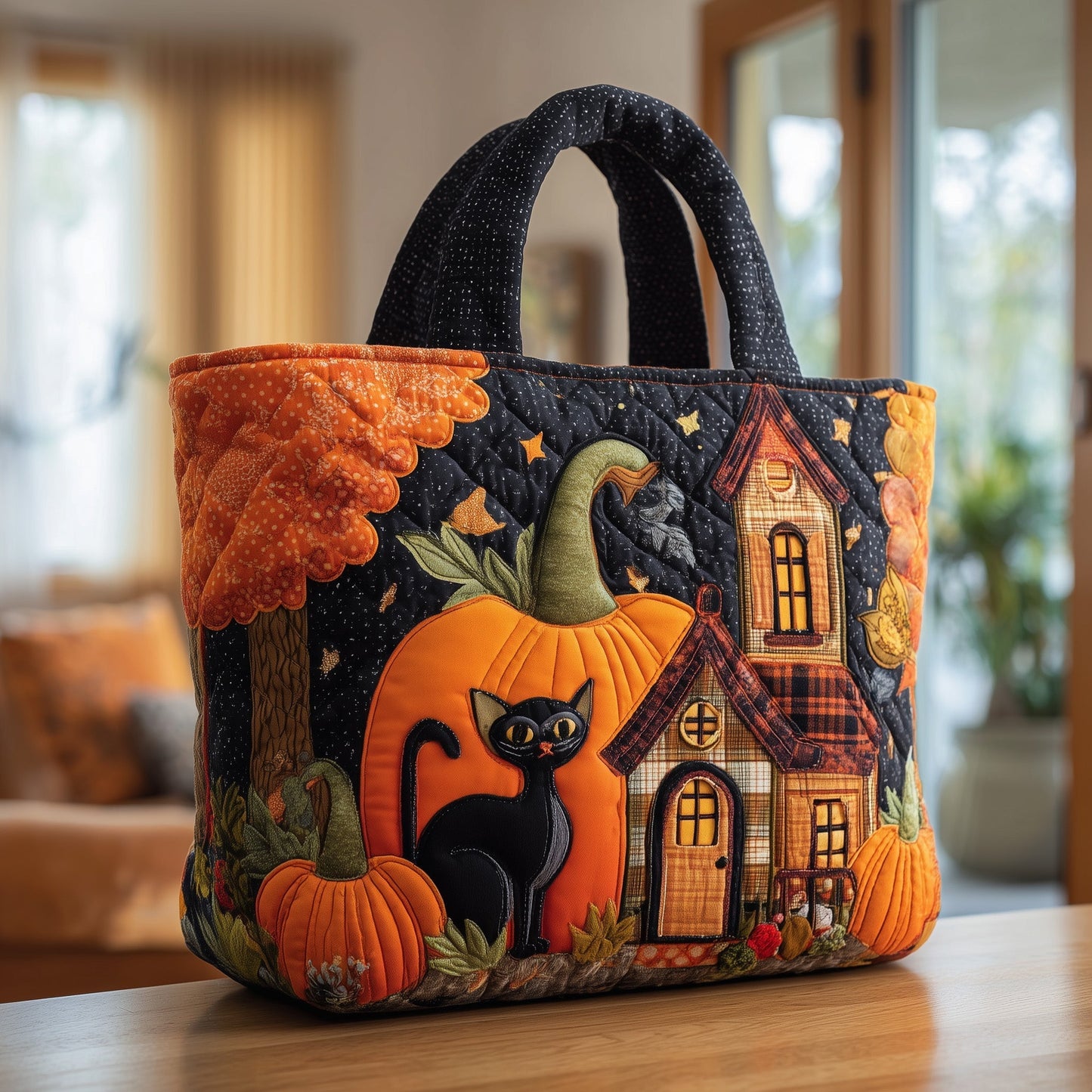 The Black Cat Pumpkin Quilted Tote
