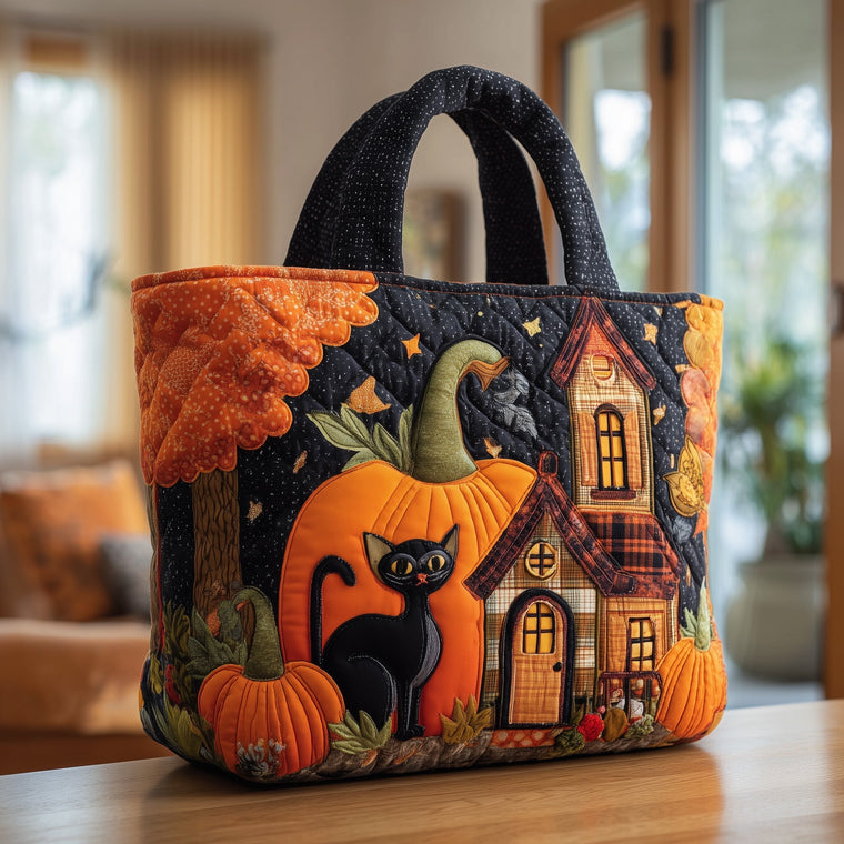 The Black Cat Pumpkin Quilted Tote