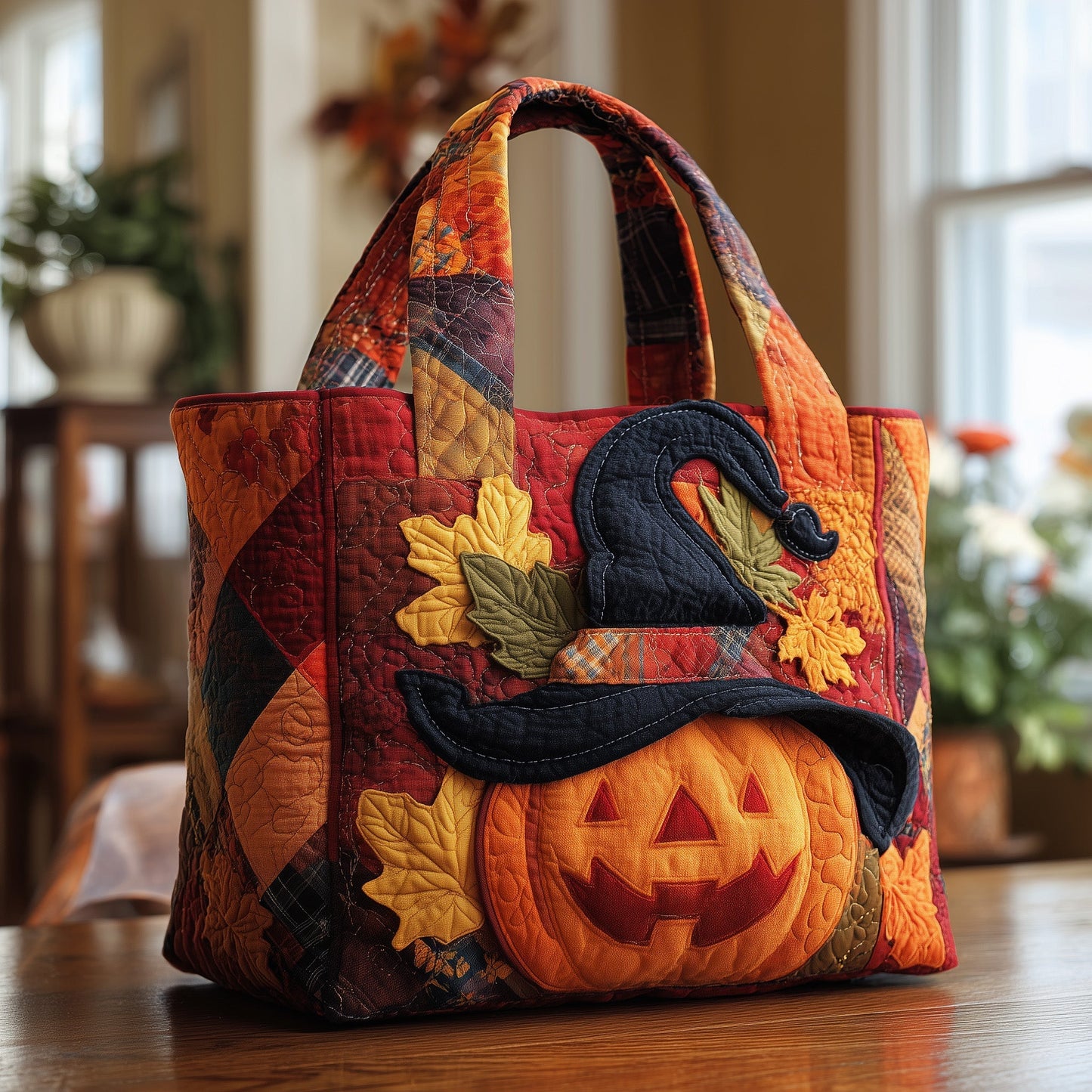 Pumpkin Black Cat Autumn Quilted Tote