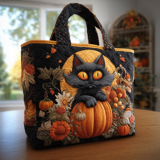 Black Cat Pumpkins Quilted Tote