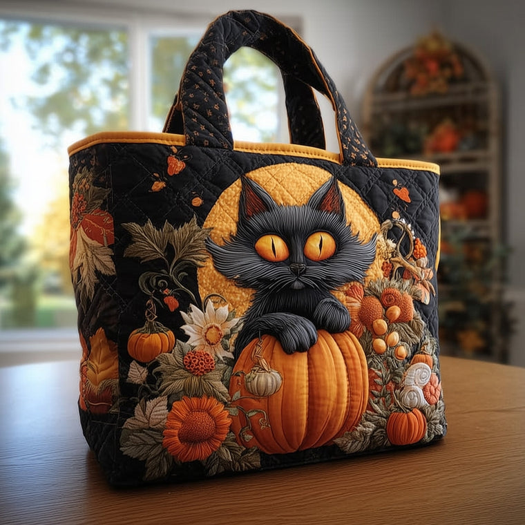 Black Cat Pumpkins Quilted Tote