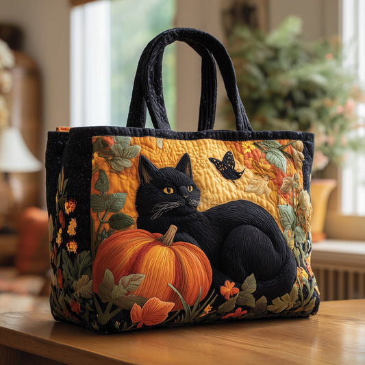 Black Cat Pumpkin Autumn Quilted Tote