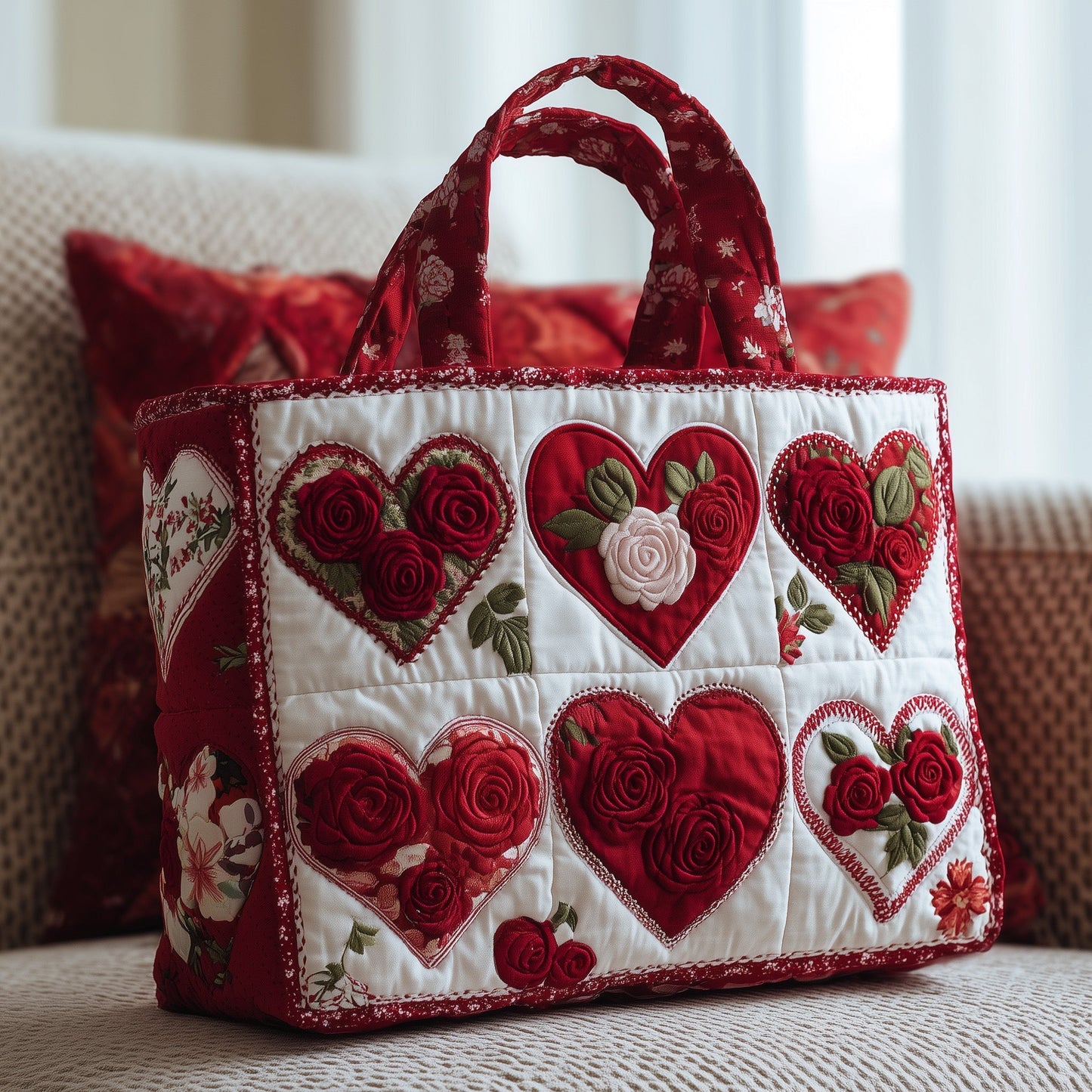 Red Rose Hearts Quilted Tote