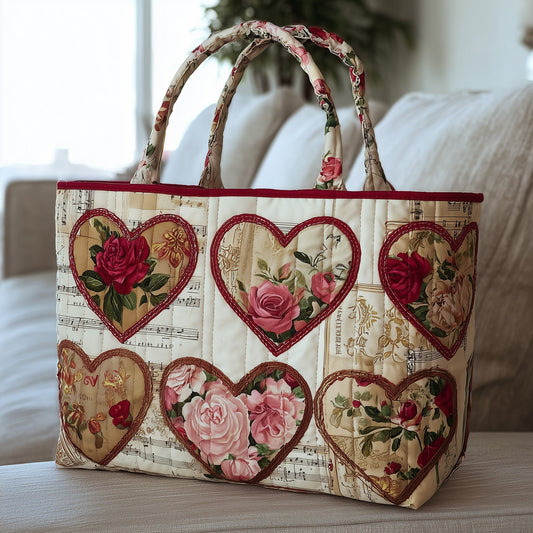 Vintage Hearts Roses Quilted Tote