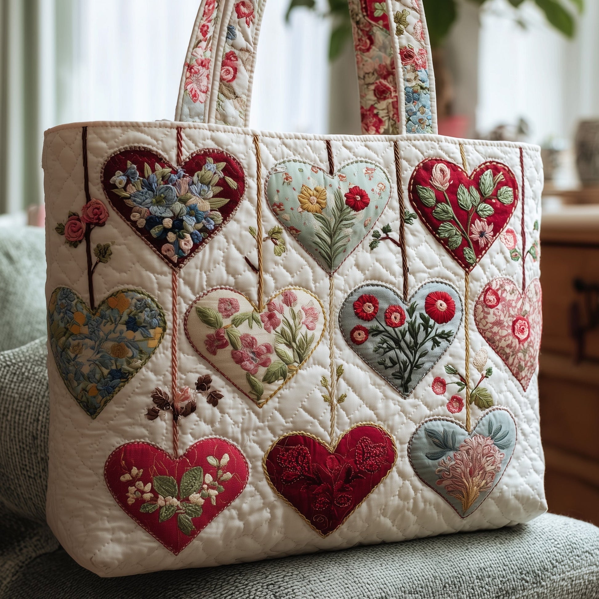 Everyday Floral Hearts Quilted Tote