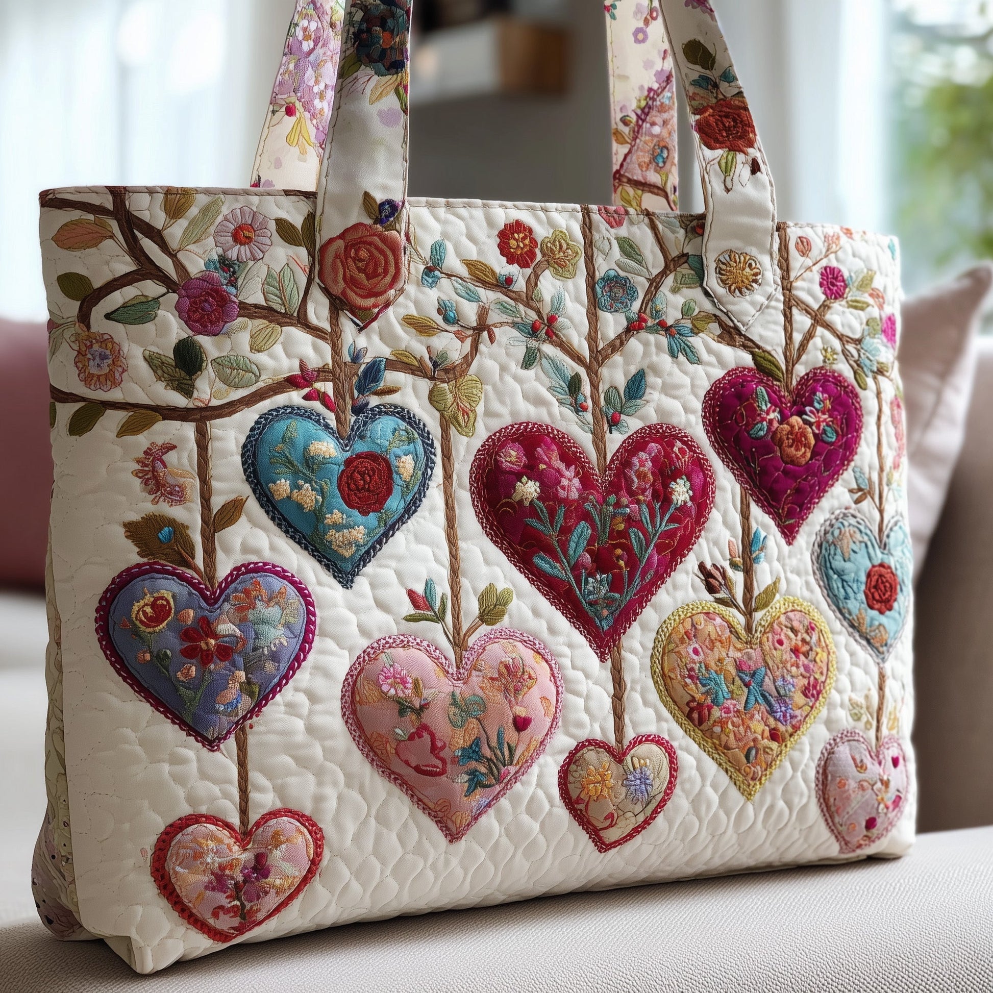 Colorful Embroidered Hearts Quilted Tote