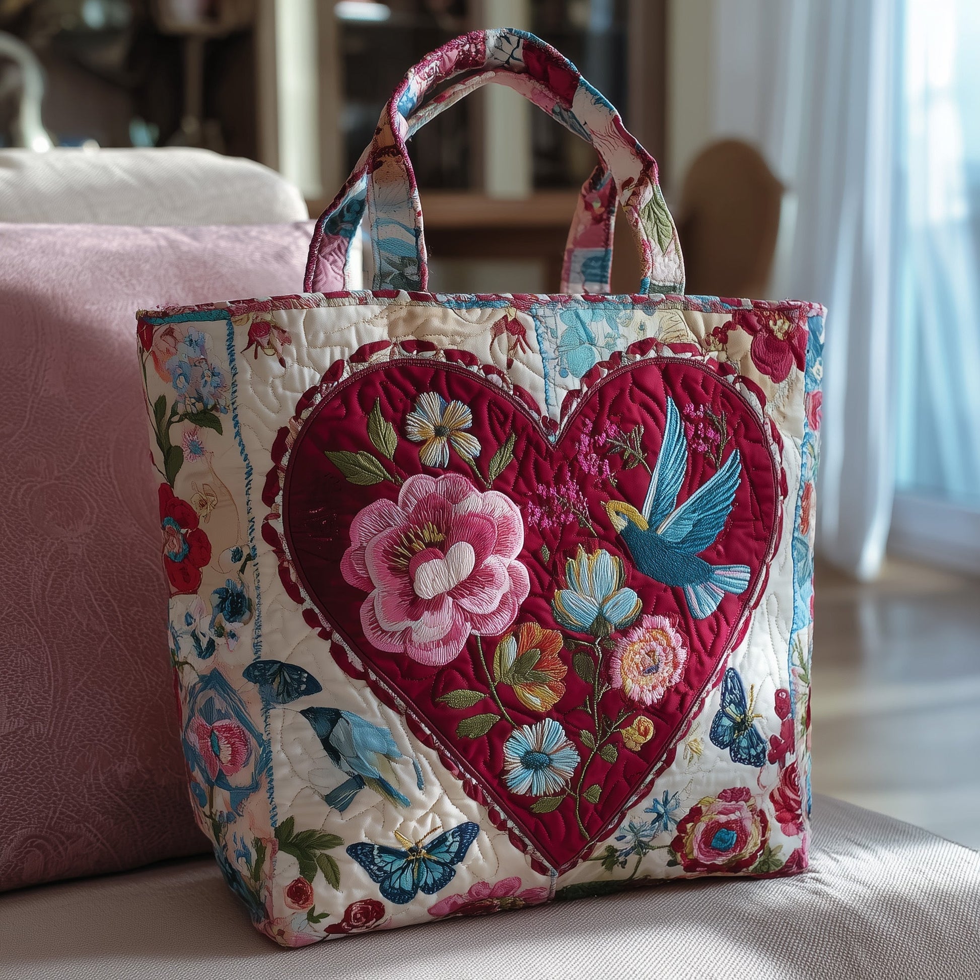 Floral Heart Motif Quilted Tote