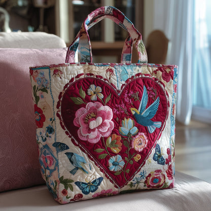 Floral Heart Motif Quilted Tote