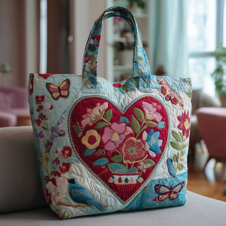 Floral Heart Embroidery Quilted Tote