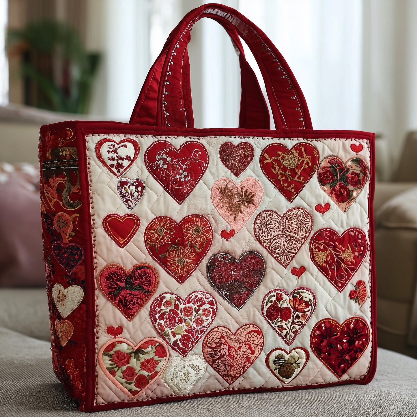 Everyday Embroidered Hearts Quilted Tote