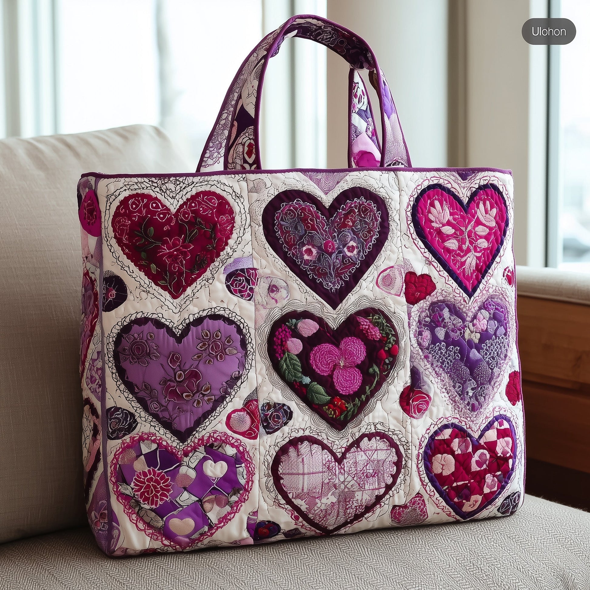 Purple Heart Patchwork Quilted Tote
