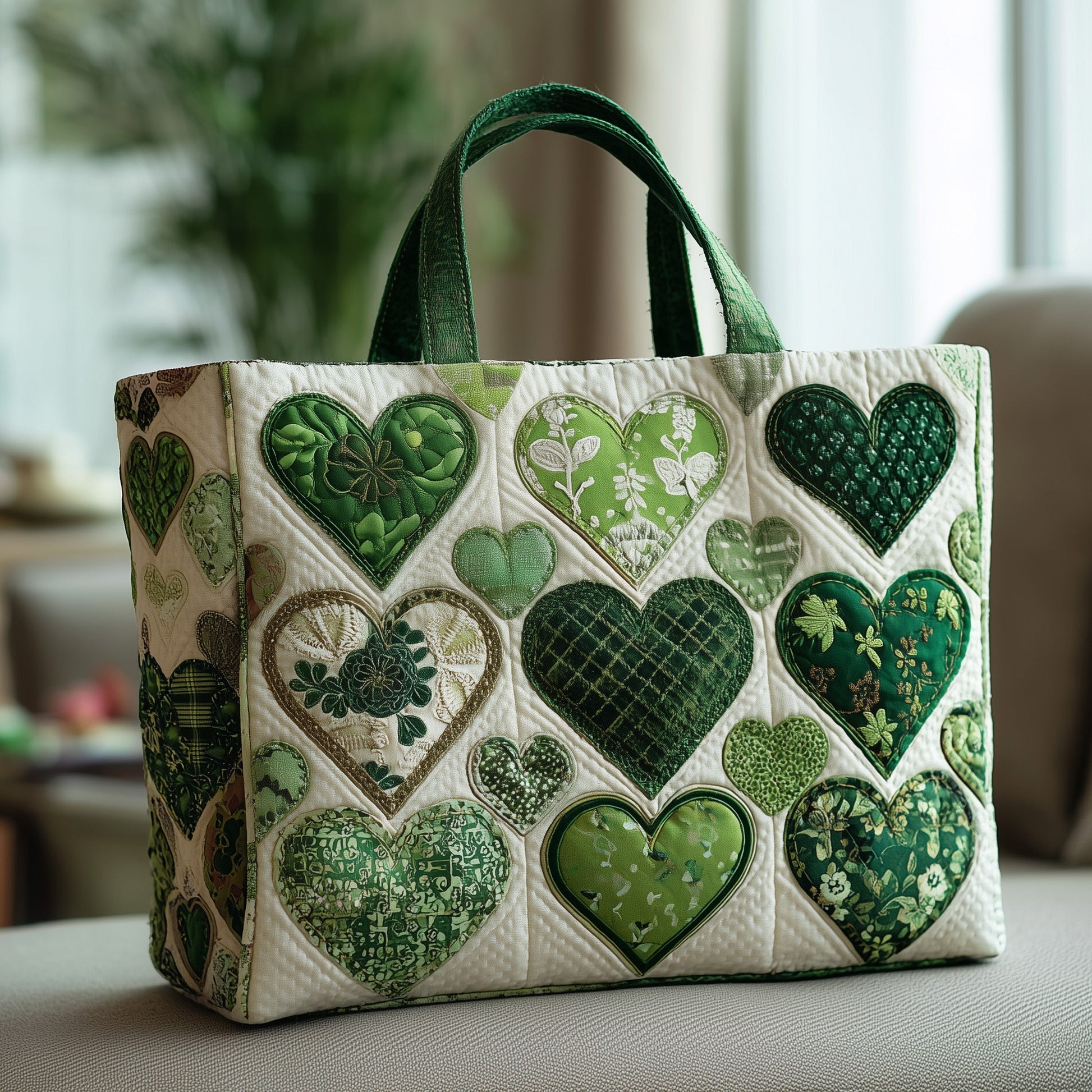 Everyday Green Hearts Quilted Tote