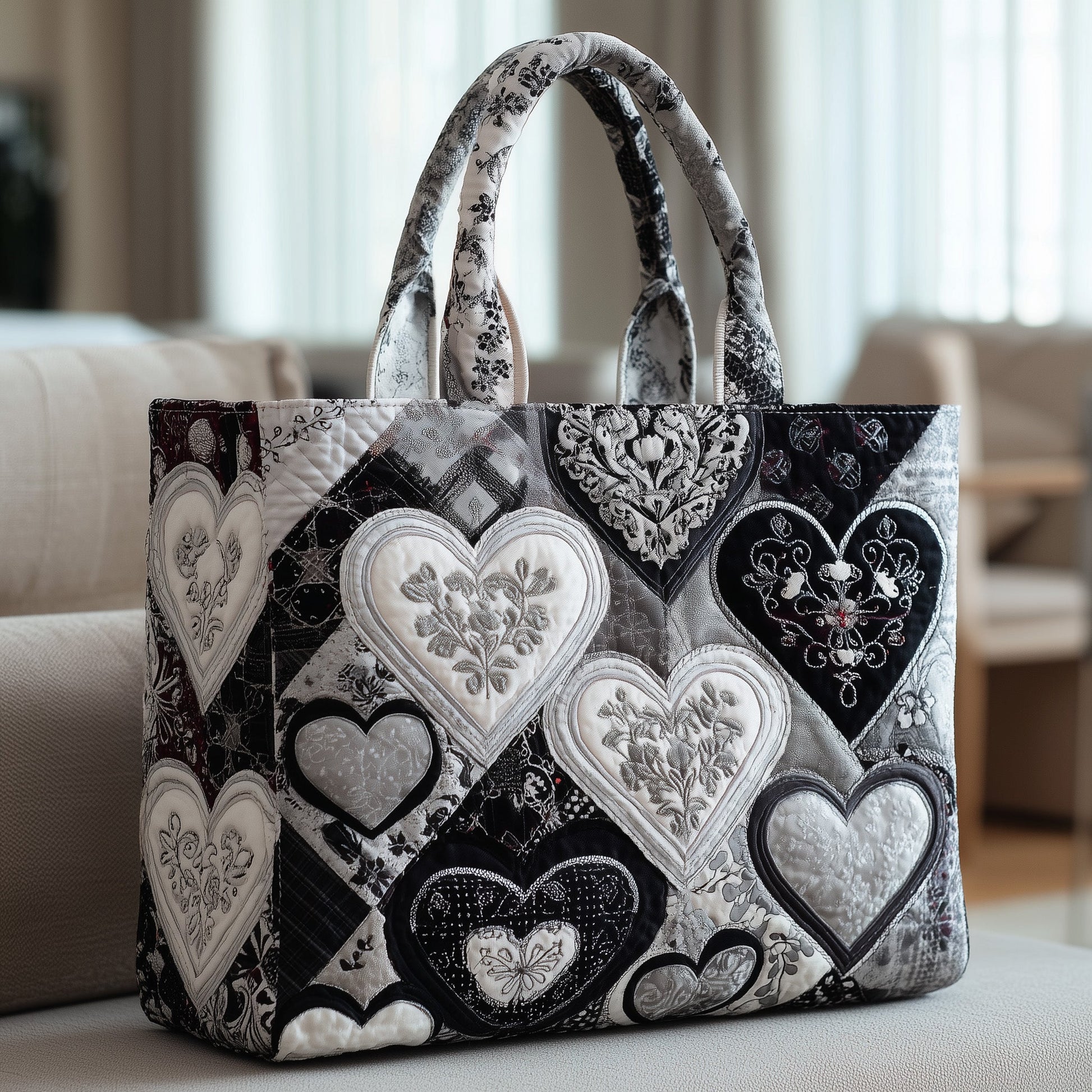Everyday Monochrome Hearts Quilted Tote