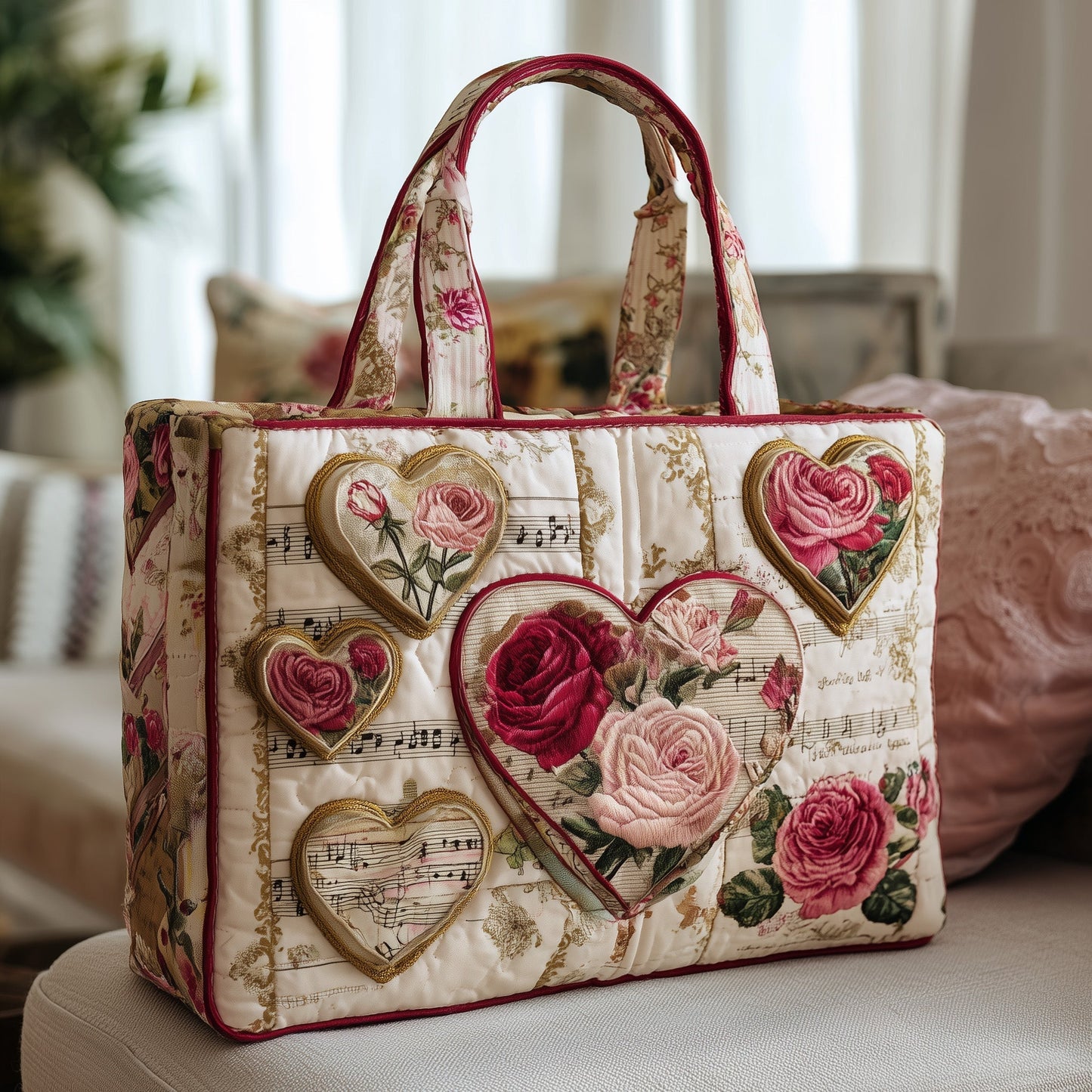 Heart Embroidery Roses Quilted Tote
