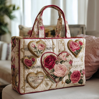 Heart Embroidery Roses Quilted Tote