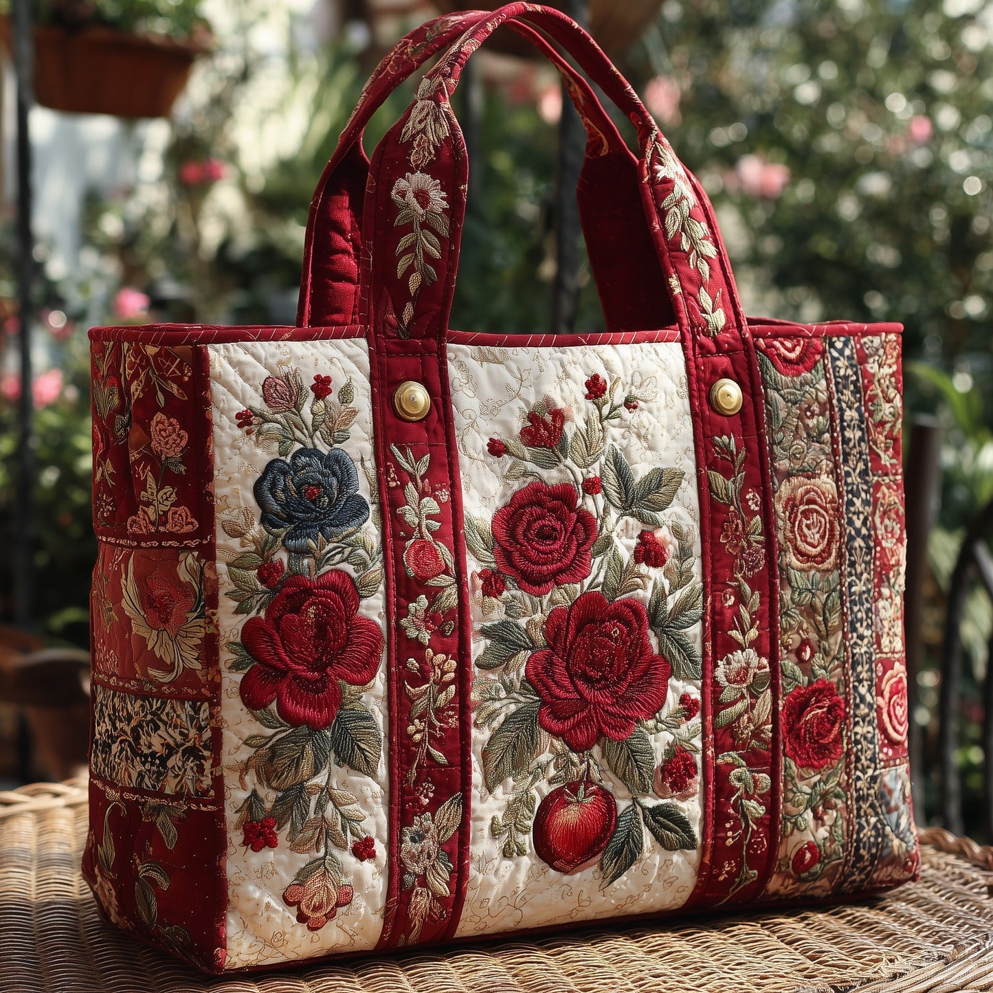 Embroidered Floral Roses Quilted Tote