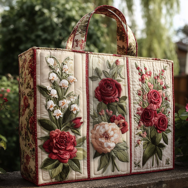 Embroidered Roses Flowers Quilted Tote