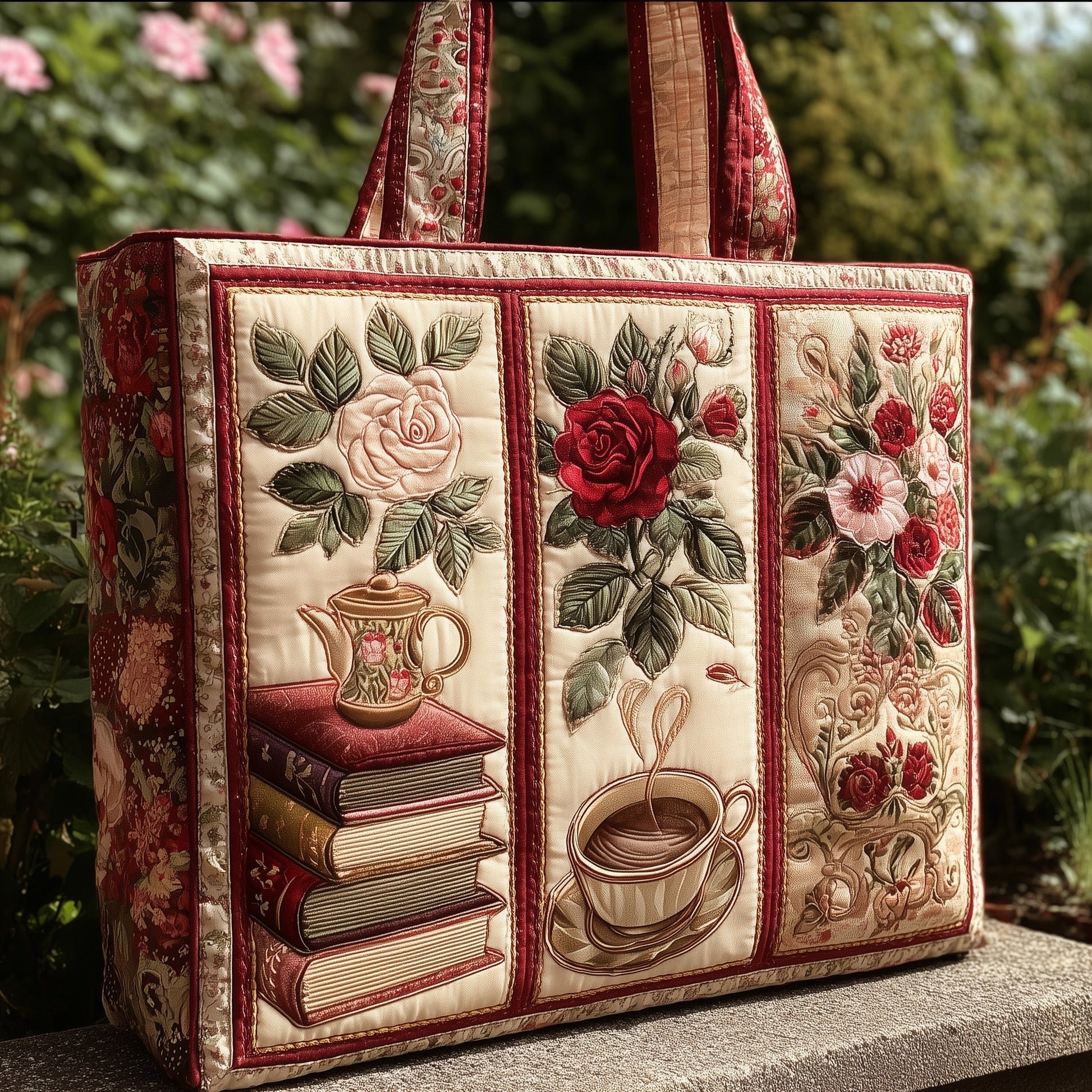 Vintage Roses Tea Quilted Tote