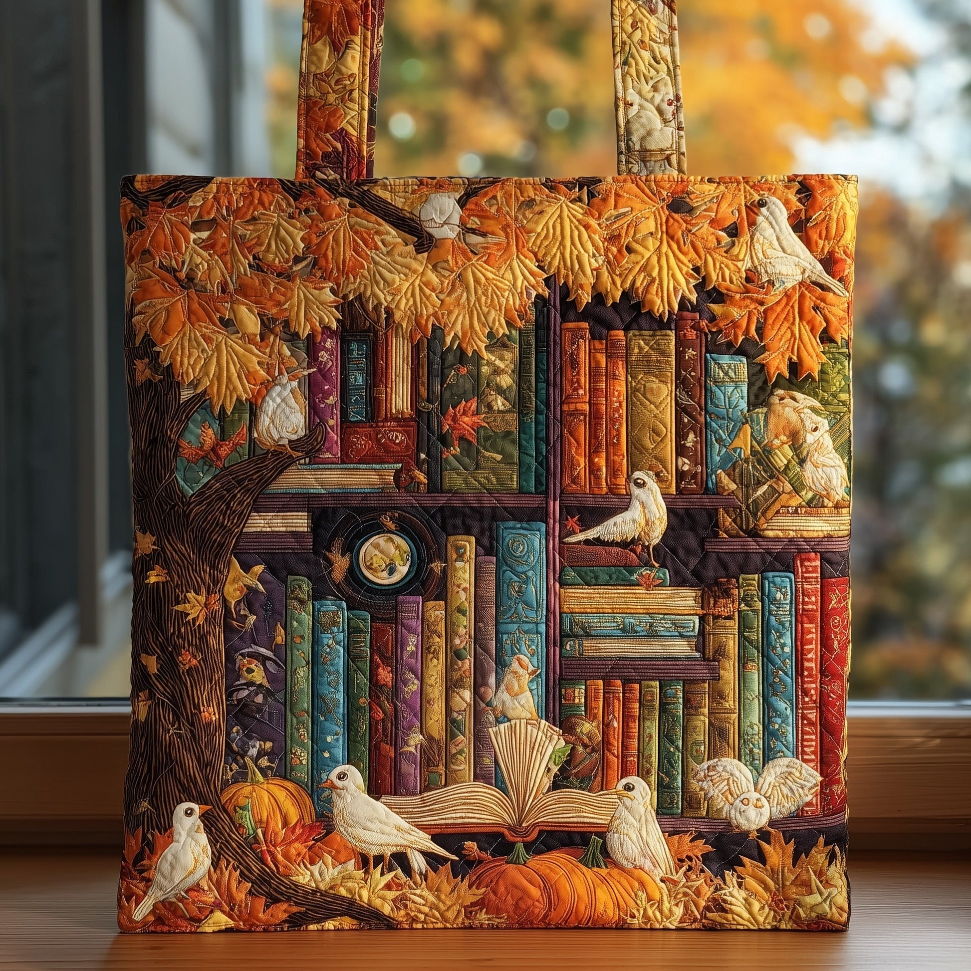 Autumn Leaves Birds Books Quilted Tote
