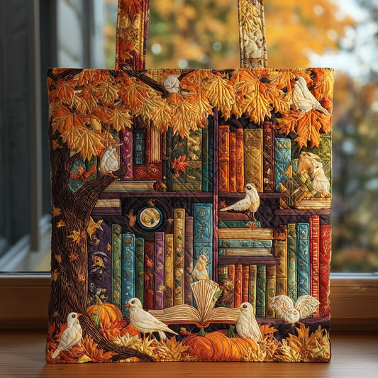 Autumn Leaves Birds Books Quilted Tote
