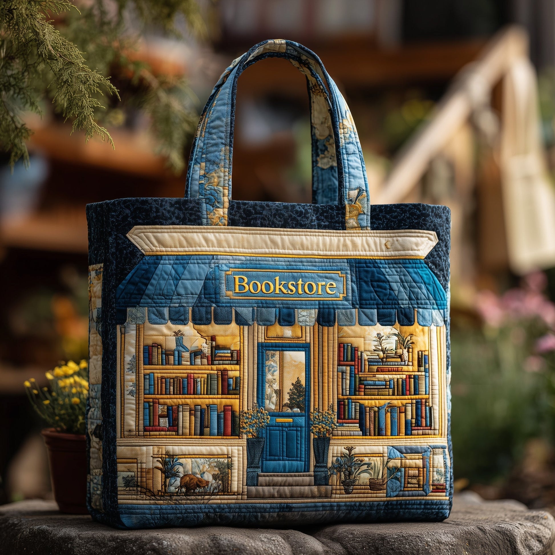 Bookstore Facade Illustration Quilted Tote