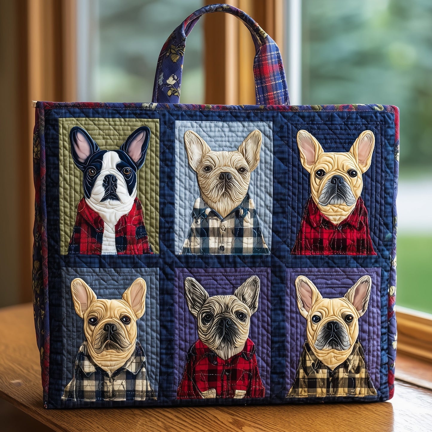 French Bulldogs Plaid Shirts Quilted Tote