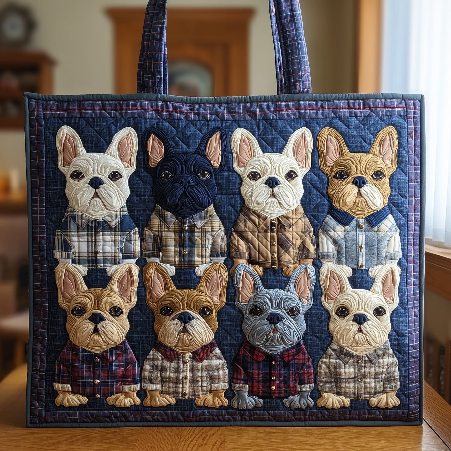 French Bulldogs In Plaid Quilted Tote