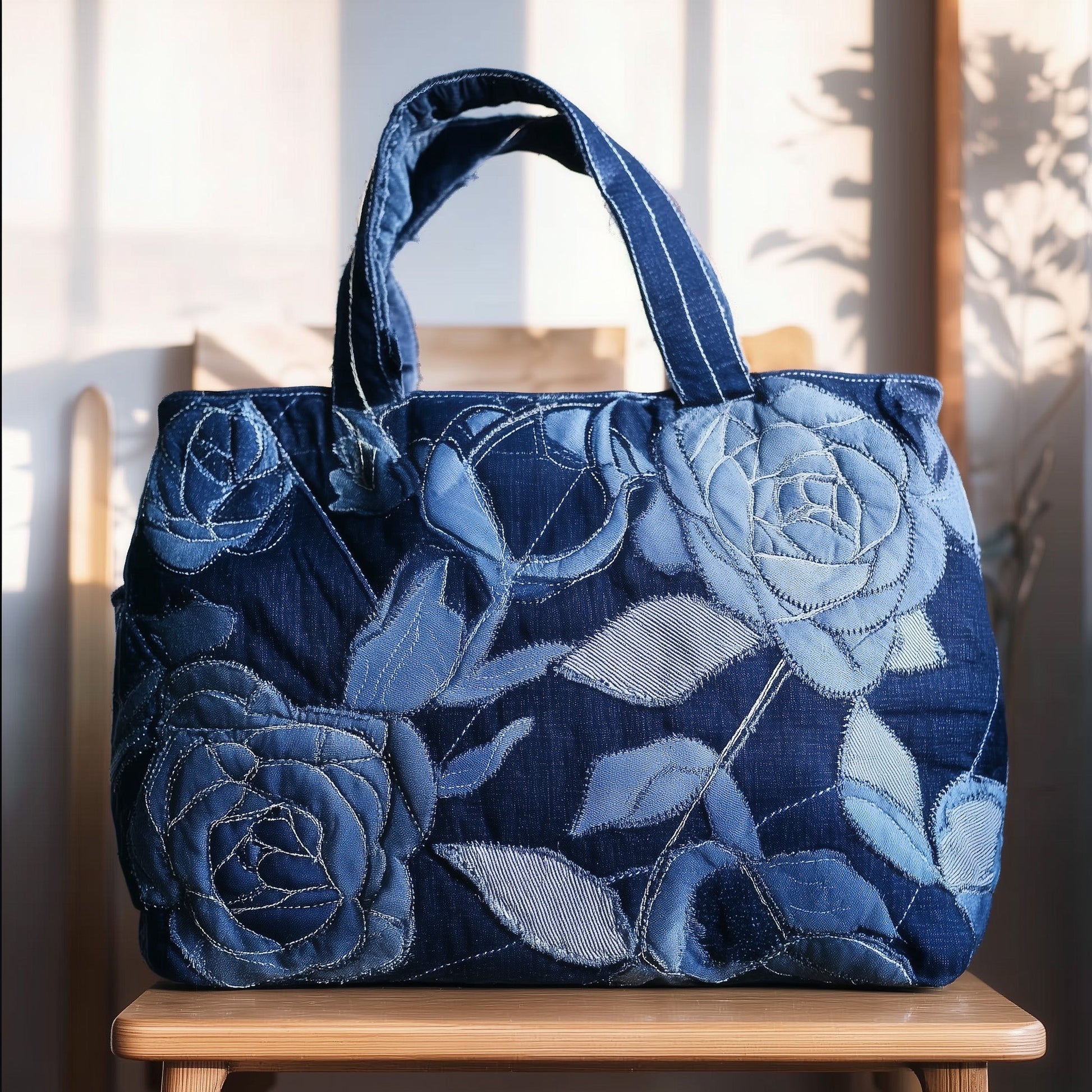 Blue Floral Embroidery Quilted Tote