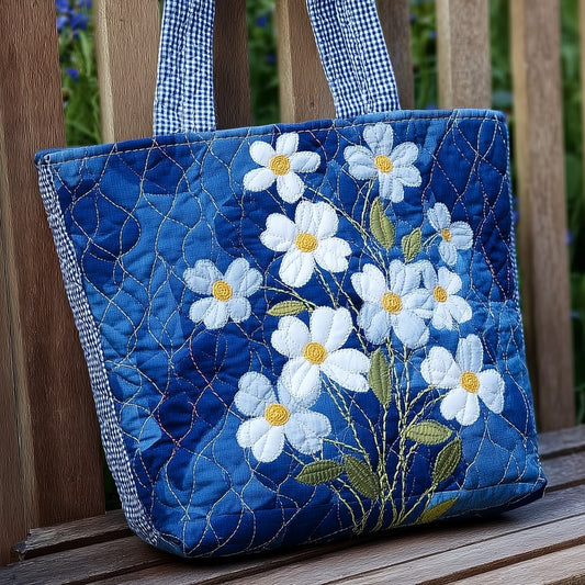 White Daisy Flowers Quilted Tote
